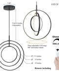 Black Modern 3 Ring Dimmable Pendant Chandelier for Dining Room, Kitchen Island, and Living Room, dimensions and features shown