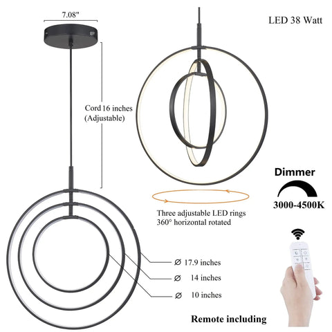 Black Modern 3 Ring Dimmable Pendant Chandelier for Dining Room, Kitchen Island, and Living Room, dimensions and features shown