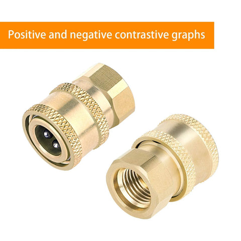 Brass pressure-washer coupler fittings, 1/4 in quick-connect to female NPT, two pieces shown (front and side views)