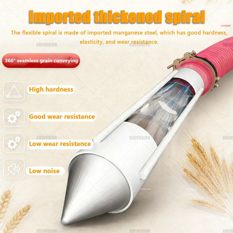 Imported thickened spiral of Powerful Workhorse 2000 Watt Auger Conveyor with flexible hose for seamless grain conveying.