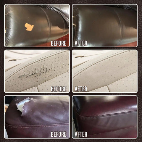 Leather And Vinyl Repair Kit For Car Seats And More All In One With 10 Pigments For Dope Color Matching Easy Instructions To Restore Faux Leather Pleather And Genuine Leather No Experience Needed showing before and after repair images on seats