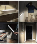 Super Bright Wireless Closet Light With Motion Sensor No Wiring Needed 6000K White Glow Rechargeable 4500mAh Battery Easy Under Cabinet Mount With Screws Or 3M Adhesive Magnetic On Iron Surfaces Up To 180 Days Battery Life; light shown in various home settings