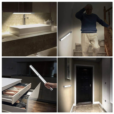 Super Bright Wireless Closet Light With Motion Sensor No Wiring Needed 6000K White Glow Rechargeable 4500mAh Battery Easy Under Cabinet Mount With Screws Or 3M Adhesive Magnetic On Iron Surfaces Up To 180 Days Battery Life; light shown in various home settings