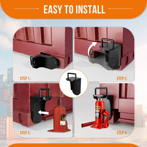 Shipping container jack lug with U-shaped handle, black metal lifter attached to a red container corner (pack of 1)