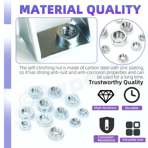 Top Shelf Self Clinching Nuts Assortment Kit With 220 Pcs Knurled Rivet Nut Fasteners In M3 M4 M5 Sizes Galvanized Steel Build displaying durable carbon steel nuts with zinc plating.