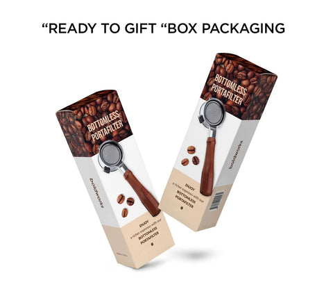 Box packaging of Bottomless 54mm Portafilter for Espresso Machines with Puck Filter, Breville compatible, displayed upright.