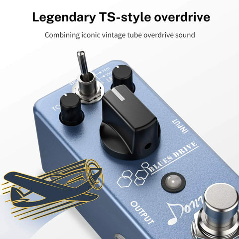 Close-up of Overdrive Guitar Pedal With Warm And Hot Modes Blues Drive Vintage Style Tone For Pedal Boards True Bypass Circuit