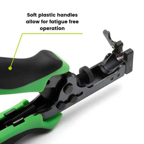 Close-up of F Connector Compression Tool For RG6 And RG59 Coax with adjustable handle and soft TPE grips.