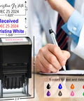 Slick No Sweat Self Inking Paid Stamp With Date And Check Number Heavy Duty Two Color Refillable Ink Pad For Daily Grind Office Work Solid Business Essential 12 Year Adjustable Bands on desk.
