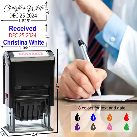 Slick No Sweat Self Inking Paid Stamp With Date And Check Number Heavy Duty Two Color Refillable Ink Pad For Daily Grind Office Work Solid Business Essential 12 Year Adjustable Bands on desk.