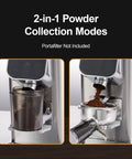 Top Shelf Conical Burr Coffee Grinder Featuring A Six Degree Tilted Body For Zero Mess Grinds And Hassle Free Cleanup In Sleek Metallic Silver Finish, showing 2-in-1 powder collection modes.