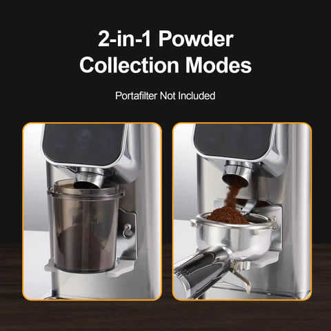 Top Shelf Conical Burr Coffee Grinder Featuring A Six Degree Tilted Body For Zero Mess Grinds And Hassle Free Cleanup In Sleek Metallic Silver Finish, showing 2-in-1 powder collection modes.