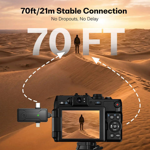 Wireless Mini Lavalier Lapel Microphone For iPhone And Android For Creators, 70 ft range stability indicator in desert setting