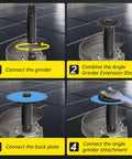 Angle grinder attachment kit with 5.5/4/3 in extension shafts being connected to a grinder (front view).

Side view showing 5/8-11 threaded flange nut on the extension shaft atop the grinder spindle.

Close-up of blue back plate mounted on the grinder shaft (spindle area).

Installed view with a spanner wrench tightening the angle grinder attachment to the back plate.