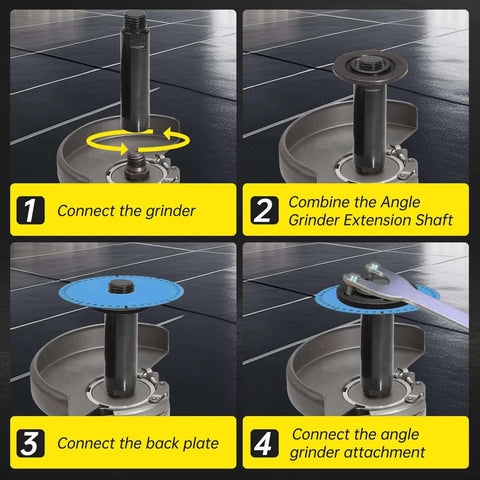 Angle grinder attachment kit with 5.5/4/3 in extension shafts being connected to a grinder (front view).

Side view showing 5/8-11 threaded flange nut on the extension shaft atop the grinder spindle.

Close-up of blue back plate mounted on the grinder shaft (spindle area).

Installed view with a spanner wrench tightening the angle grinder attachment to the back plate.