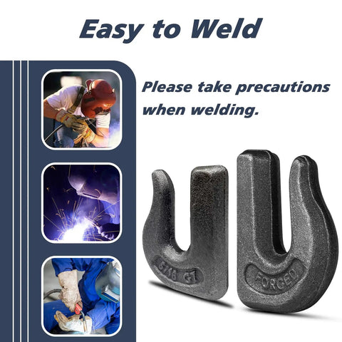 8 Pack 5/16 Inch G70 Weld On Grab Chain Hooks For Chains And Tractor Buckets, Heavy Duty Weld-On Hooks Set, 4700 Lb Working Load Limit, Forged Steel Construction, 2.5 In Long By 1.95 In Wide, weld-on hook set shown with welding use