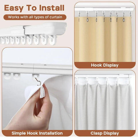 Heavy Duty Aluminum Curtain Track Set For Ceiling Or Wall Mount With Sliding Rail And Hooks, Adjustable 3ft To 9ft Length, Built To Handle Grommet Or Pleated Drape, RV Ceiling Track installed on ceiling with hooks and curtain examples