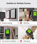 Red Cross Line Laser Level For Picture Hanging And Tile Work, 100 Foot Range, High Brightness Beams, DIY Indoor Construction Tool in use.