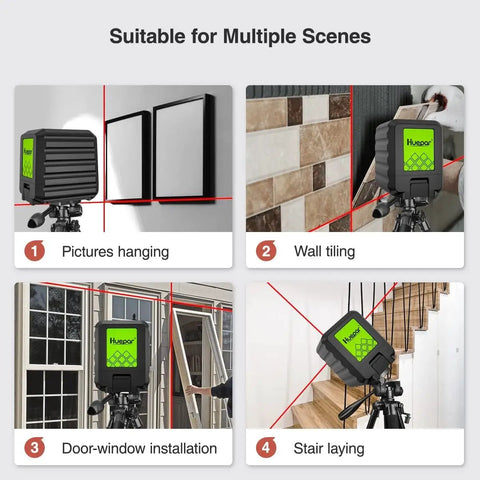 Red Cross Line Laser Level For Picture Hanging And Tile Work, 100 Foot Range, High Brightness Beams, DIY Indoor Construction Tool in use.