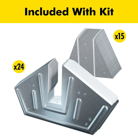Custom Shed Kit with Peak Roof brackets, 22 gauge steel, showing 15 peak and 24 corner components, kit excludes lumber