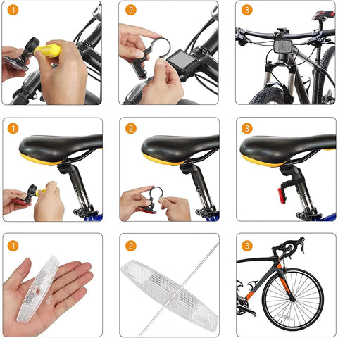 Night Ride Safe Bicycle Reflector Kit 6 Pcs Front White And Rear Red Spoke Reflectors installation on bike handlebars and seatpost