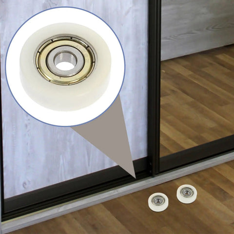 Rock Solid Replacement Sliding Door Wheels With Heavy Duty Nylon And Steel Build Ultra Quiet Zero Friction Caster Rollers close-up of nylon roller with bearing.