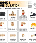 Product configuration of Brass Dot Air Line Fittings Kit with 50 ft 1/4 and 3/8 lines, tee unions, NPT fittings, and pneumatic tubing.