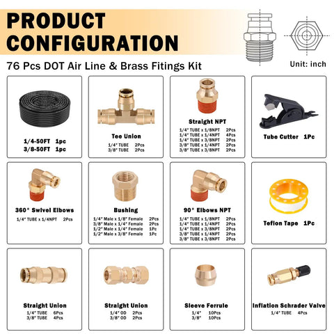 Product configuration of Brass Dot Air Line Fittings Kit with 50 ft 1/4 and 3/8 lines, tee unions, NPT fittings, and pneumatic tubing.