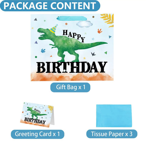 13 Inch Large Watercolor Dinosaur Birthday Gift Bag With Handles, Greeting Card And Tissue Paper, All In One Party Loot
