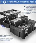 Three-tier multifunction tool box with clear cover organizer, metal hinges, and stacking capability for garage and home use.