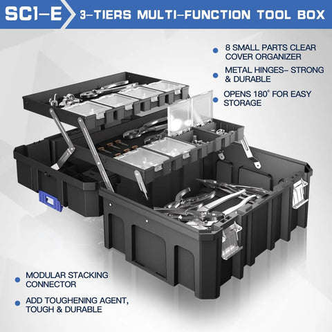 Three-tier multifunction tool box with clear cover organizer, metal hinges, and stacking capability for garage and home use.