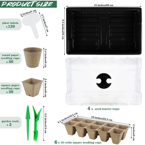 Four Pack Seed Starter Tray Bundle With Peat Pots Germination Trays Plant Labels And Mini Garden Tools For Easy Seedlings Growth Perfect For Flowers Vegetables And Home Garden