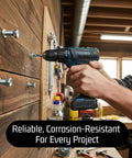 Bolt Dropper stainless hex-head lag bolts 3/8x1-1/2 in; several installed on wood wall with cordless drill in hand