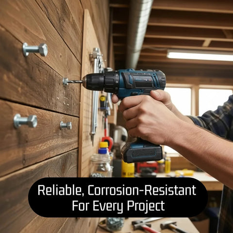 Bolt Dropper stainless hex-head lag bolts 3/8x1-1/2 in; several installed on wood wall with cordless drill in hand