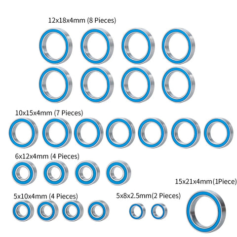 Blue Ball Bearing Kit 26-Piece Set for Big Rock Typhon Granite Senton 3s BLX RC Crawler Upgrade Parts, various sizes displayed