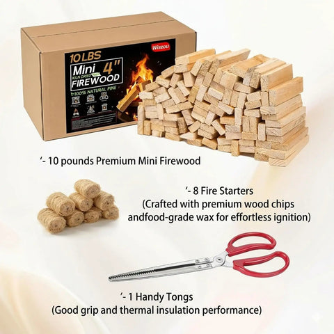 Mini Fire Stick Kit With Fire Starter And Tongs Kiln Dried Pine Firewood Four Inch Sticks For Wood Stoves Campfires Tabletop Fire Pits Fireplaces Solo Stove Accessories 10 Lb Box With 130 To 140 Pieces displayed with tongs and fire starters