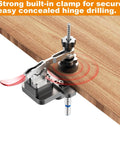 Concealed Hinge Jig With Quick Clamp, Includes 35mm And 26mm Drill Bits, Aluminum Cabinet Door Locator Tool in use