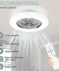 Modern LED Ceiling Fan With Lights 20 Inch Flush Mount Dimmable Remote Low Profile Seven Invisible Blades displayed with remote