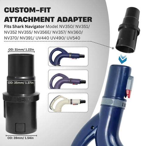 Universal Vacuum Hose Adapter Kit With Three Reducers featuring custom-fit adapter for Shark Navigator models.