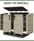 Weatherproof 36 Cu Ft Outdoor Storage Box With Lockable Doors, showing open panel for easy assembly, beige resin material.