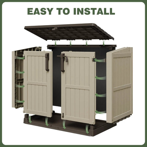 Weatherproof 36 Cu Ft Outdoor Storage Box With Lockable Doors, showing open panel for easy assembly, beige resin material.