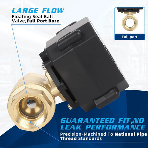 Side view of a 1 Inch Motorized Brass Ball Valve Full Port With Auto Return 2 Wire Electric Water Valve 9 24V AC DC Easy Install