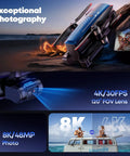 Beast Of A Drone With 8K Photos And 4K Video, 3-Axis Gimbal For Ultra Smooth Shots, showcasing camera capabilities and scenic view.