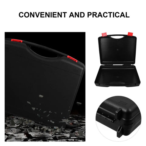 Rock Solid Portable Plastic Toolbox With Reinforced Lid And Grippy Carry Handle For Built Like A Tank Workshop Storage And Knockout Gear Organization On The Go with black finish and sturdy handle.