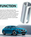 Engine Pulley Crankshaft Sleeve Adapter Three Quarter To One Inch Shaft 304 Stainless Steel Step Key Pulley Adapter shown with car and function text.