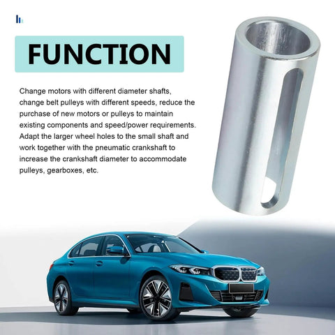 Engine Pulley Crankshaft Sleeve Adapter Three Quarter To One Inch Shaft 304 Stainless Steel Step Key Pulley Adapter shown with car and function text.