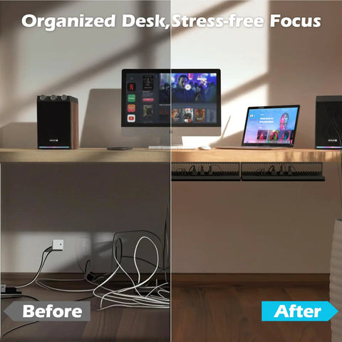 Under Desk Cable Management Tray Kit 26 Piece before and after desk setup with hexagonal design and organized cords.