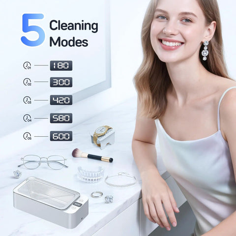 Woman with Triple Frequency Ultrasonic Jewelry Cleaner With 50KHz 55KHz 60KHz Modes, 17oz stainless tank, and cleaning accessories