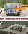 14,000 BTU Portable Butane Camping Stove with wind guard, brass burner, and safety lock on outdoor wooden table
