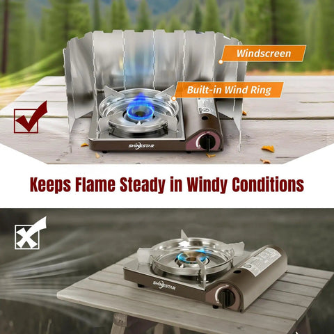 14,000 BTU Portable Butane Camping Stove with wind guard, brass burner, and safety lock on outdoor wooden table